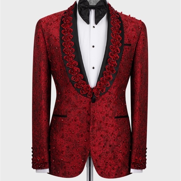 Men’s Red Stone Embroidered Tuxedo - Picture 1 of 13